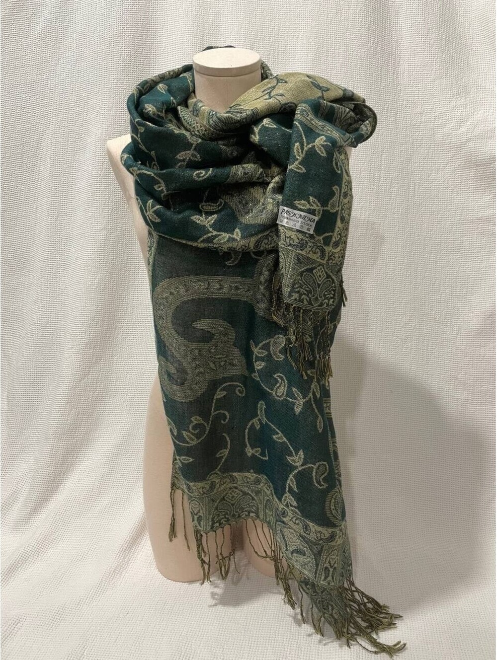 Green 70% Pashmina 30% Reversible Gold Shiny Paisley Fringe Scarf 66x26"
